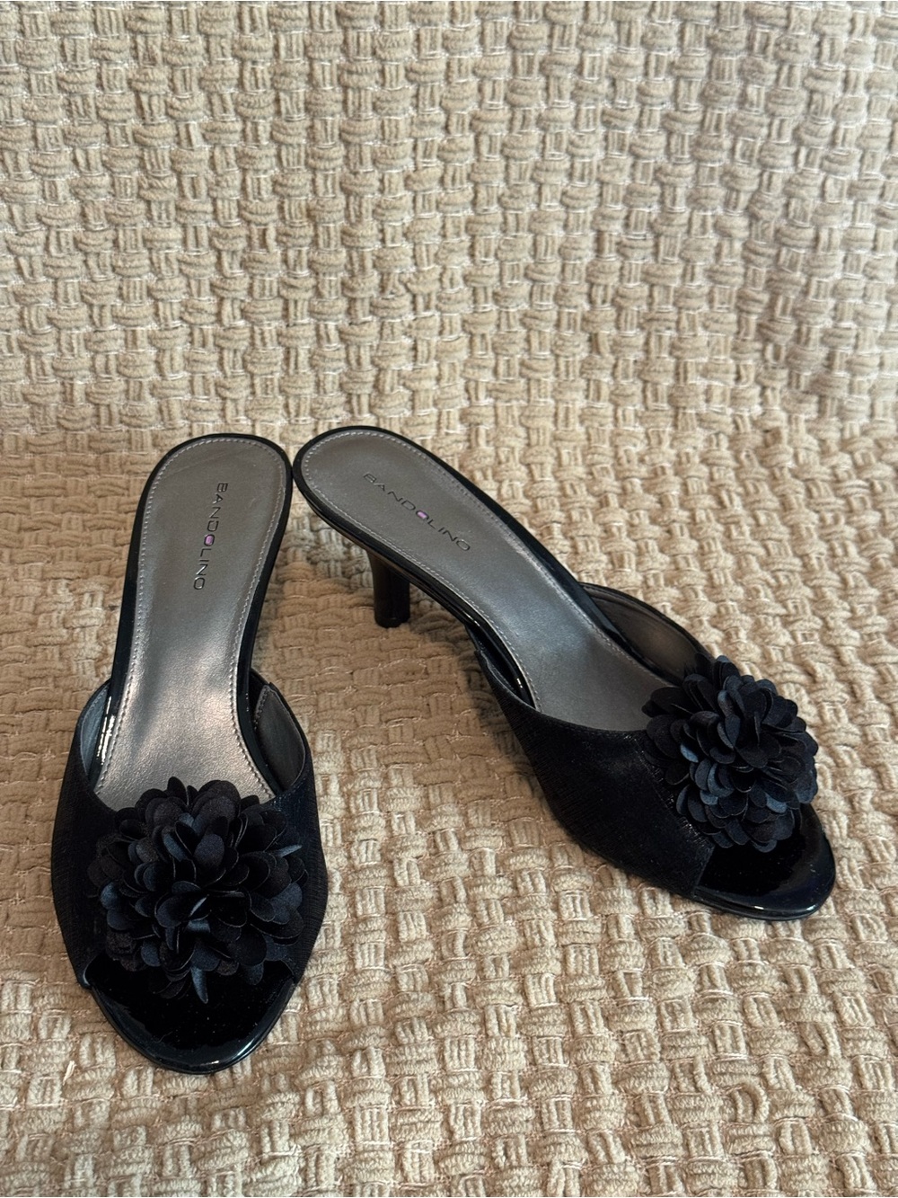 Bandolino Black Floral Applique Open-Toe Mule Heels